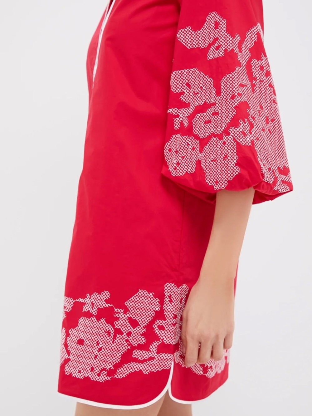 HYACINTH HOUSE Red & White Embroidery Mini Arem Caftan - Picture 6 of 12